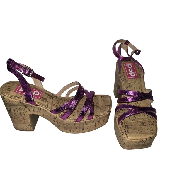 POP Platform Sandals Purple Strappy Chunky Heel Cork Square Toe‎ Shoes - Picture 1 of 4